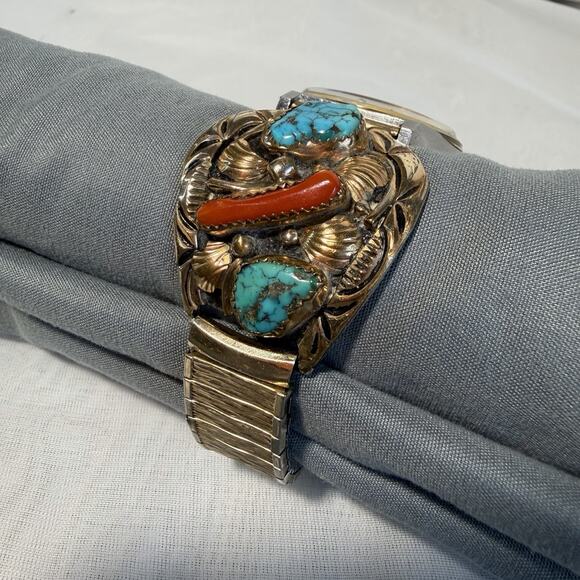 Seiko Quartz Watch & Tawa By KT 12K Gold Filled Sterling Turquoise Coral Native - Picture 9 of 11